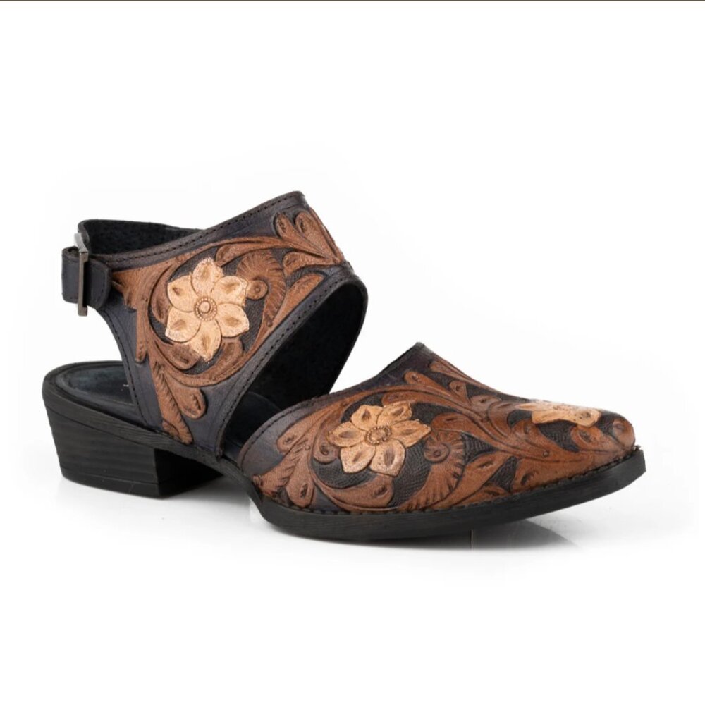 Roper Brown and Black Floral Tooled Leather Clog Sandals